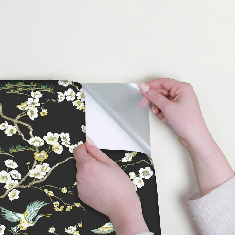 image 1 of Transform Peel & Stick Oriental Heron Floral Black Self-Adhesive Wallpaper Black | White