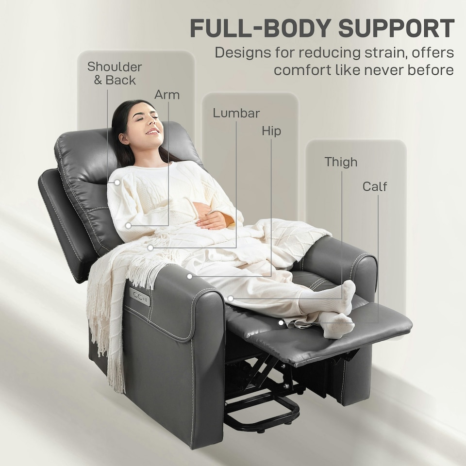 image 1 of HOMCOM Overstuffed Riser and Reclining Chair with USB Ports, Remote, Grey