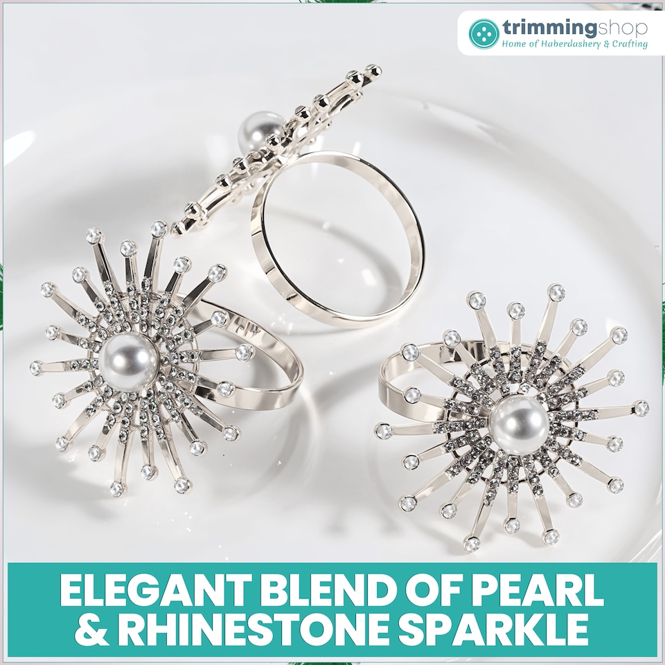 image 1 of 1pc Sunburst Motif Pearl Napkin Rings with Diamante Rhinestones