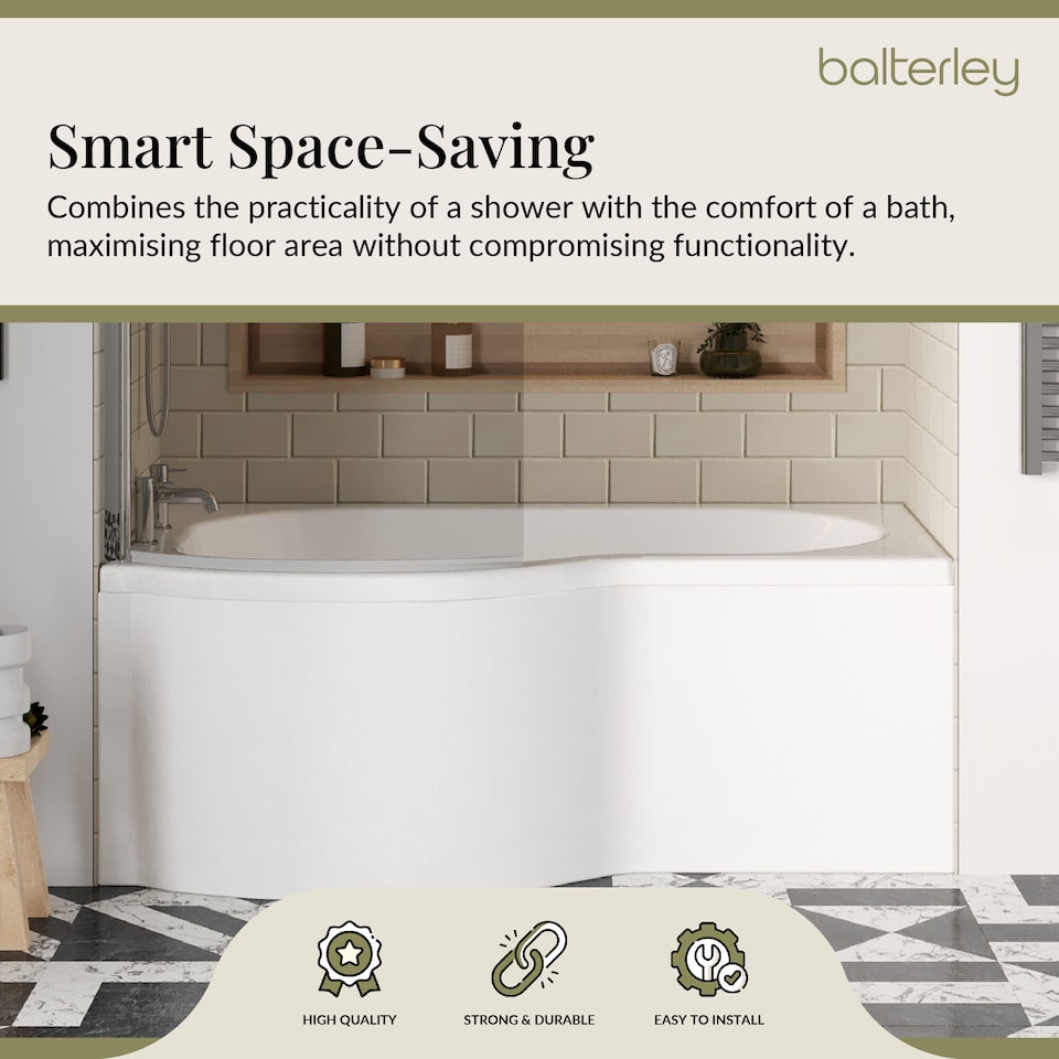 image 1 of 1500 mm Left Hand P Shape Square Shower Bath Screen Front Panel White | White | White | 1500 x 850 x 415mm