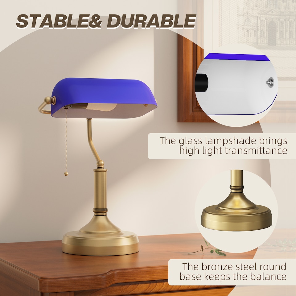 image 1 of HOMCOM Banker's Table Lamp w/ Antique Bronze Tone Base, Blue
