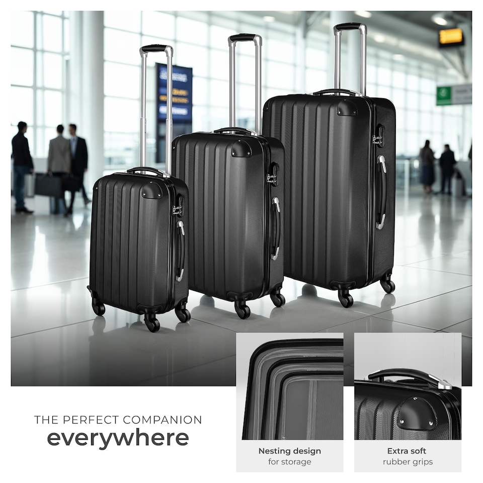 image 1 of Suitcase Set - 3 hard-shell suitcases with telescopic handle, swivel wheels | Black | black | 1