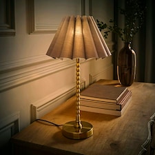 ValueLights Maeve Grey Scallop Pleated Tapered Shade Brushed Gold Bobbin Bobble Table Lamp Gold