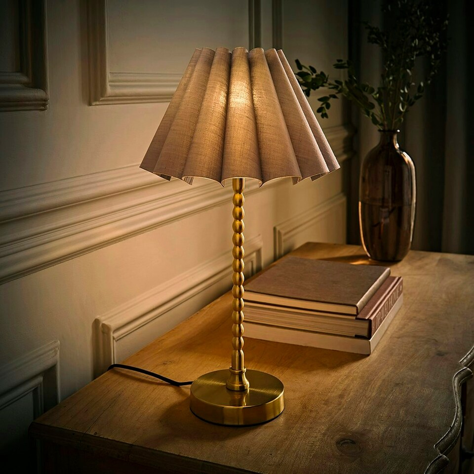 image 1 of ValueLights Maeve Grey Scallop Pleated Tapered Shade Brushed Gold Bobbin Bobble Table Lamp Gold