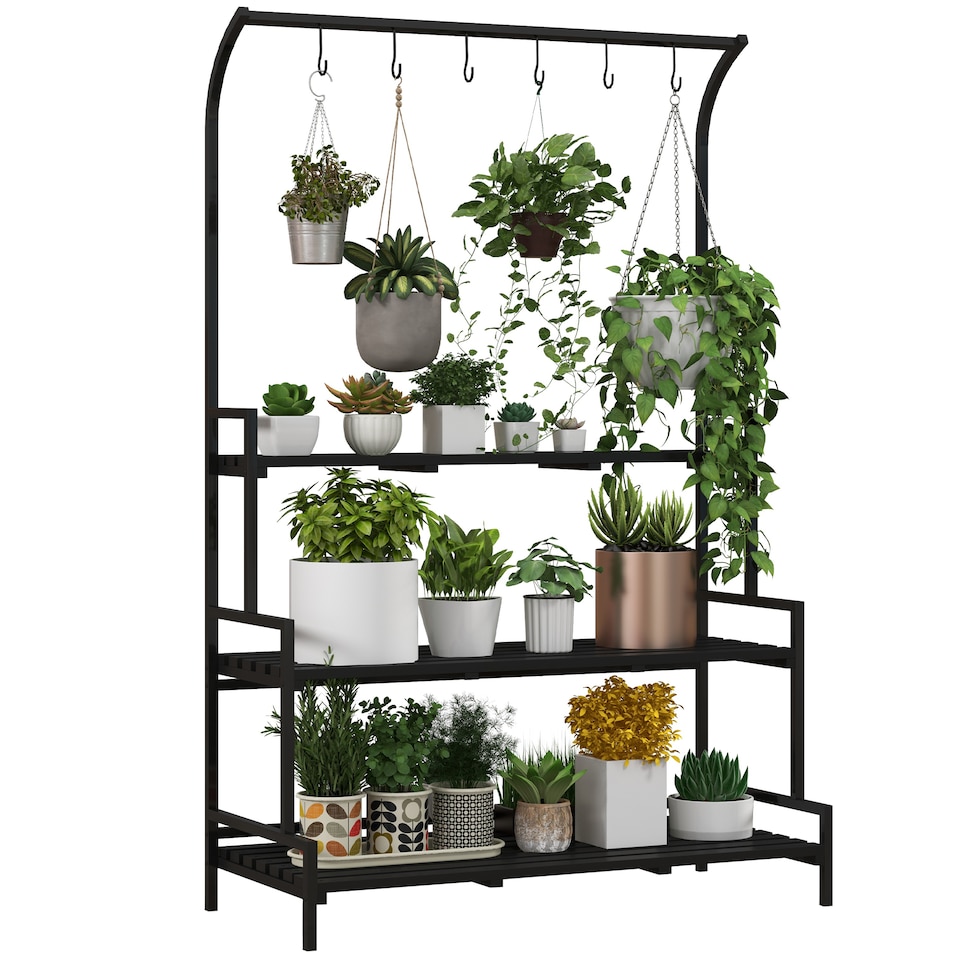image 1 of Outsunny 3 Tiered Plant Rack Stand with Hanging Hooks for Indoor Outdoor Use