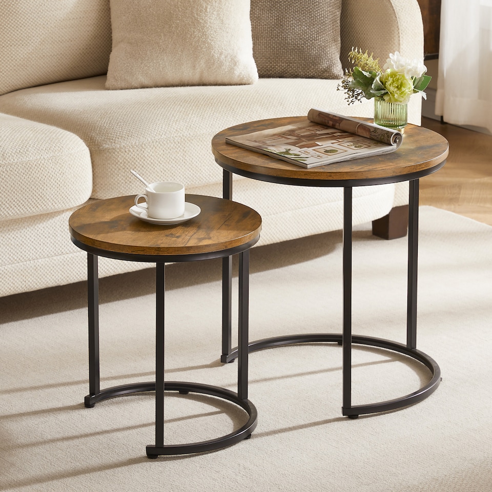 image 1 of Vida Designs Brooklyn Round Nest of Tables 2 Piece Set Nesting Sofa Bedside Side Table, Dark Wood