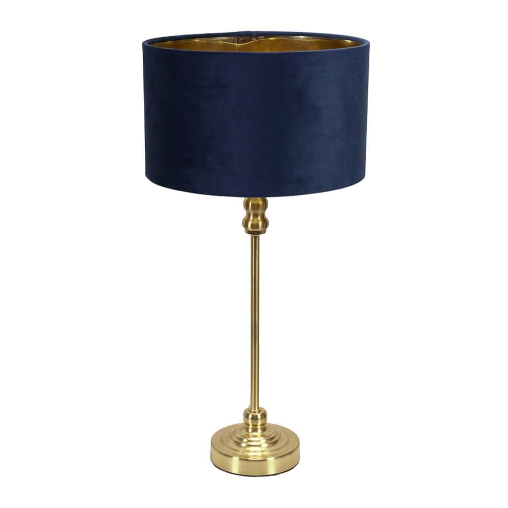 ValueLights Maggie Gold Candlestick Table Lamp with Velvet Drum with Gold Inner Lamp Shade in Dark Navy