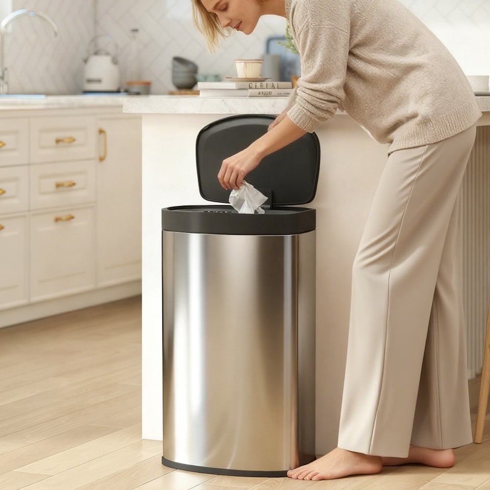 image 1 of HOMCOM 55L Sensor Bin with Soft-Close Lid, Automatic Touchless Motion Sensor Kitchen Bin with Fingerprint Resistant Stainless Steel for Hygienic Gyms, Home Office Use, Silver Tone