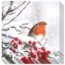 Robin In Snow Design Premium Decoupage Luncheon Napkins 3 Ply - 33cm - Pack of 20