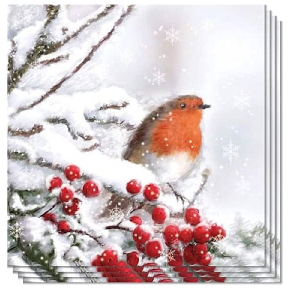 Robin In Snow Design Premium Decoupage Luncheon Napkins 3 Ply - 33cm - Pack of 20