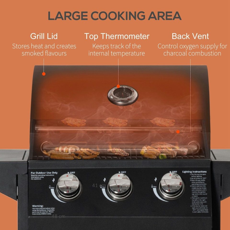 image 1 of Outsunny 3 Burner Gas Grill Portable BBQ Trolley w/ 4 Wheels and Side Shelves