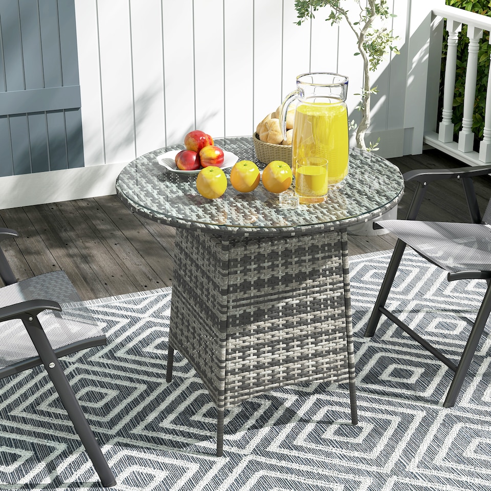 image 1 of Outsunny Patio Furniture Rattan Garden Table with Umbrella Hole, Grey