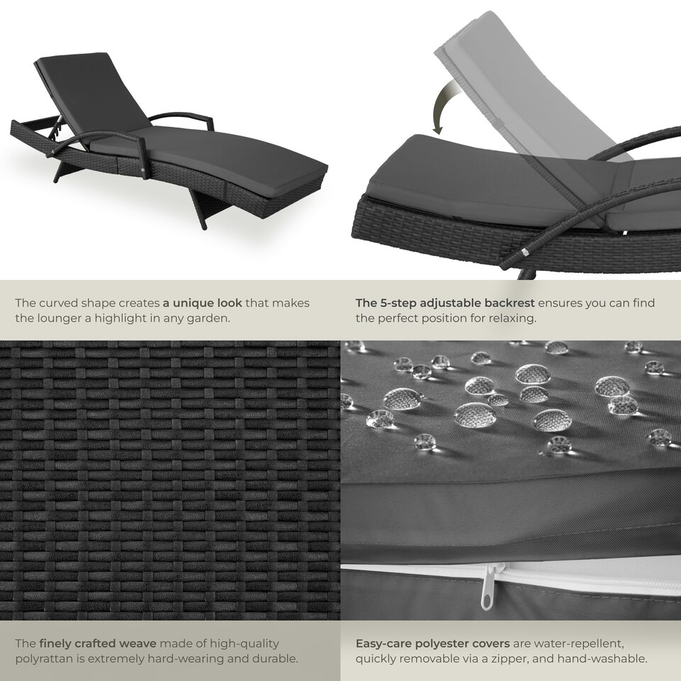 image 1 of Sun Lounger Oceane - with aluminum frame, 5-step adjustable backrest, UV-resistant Black