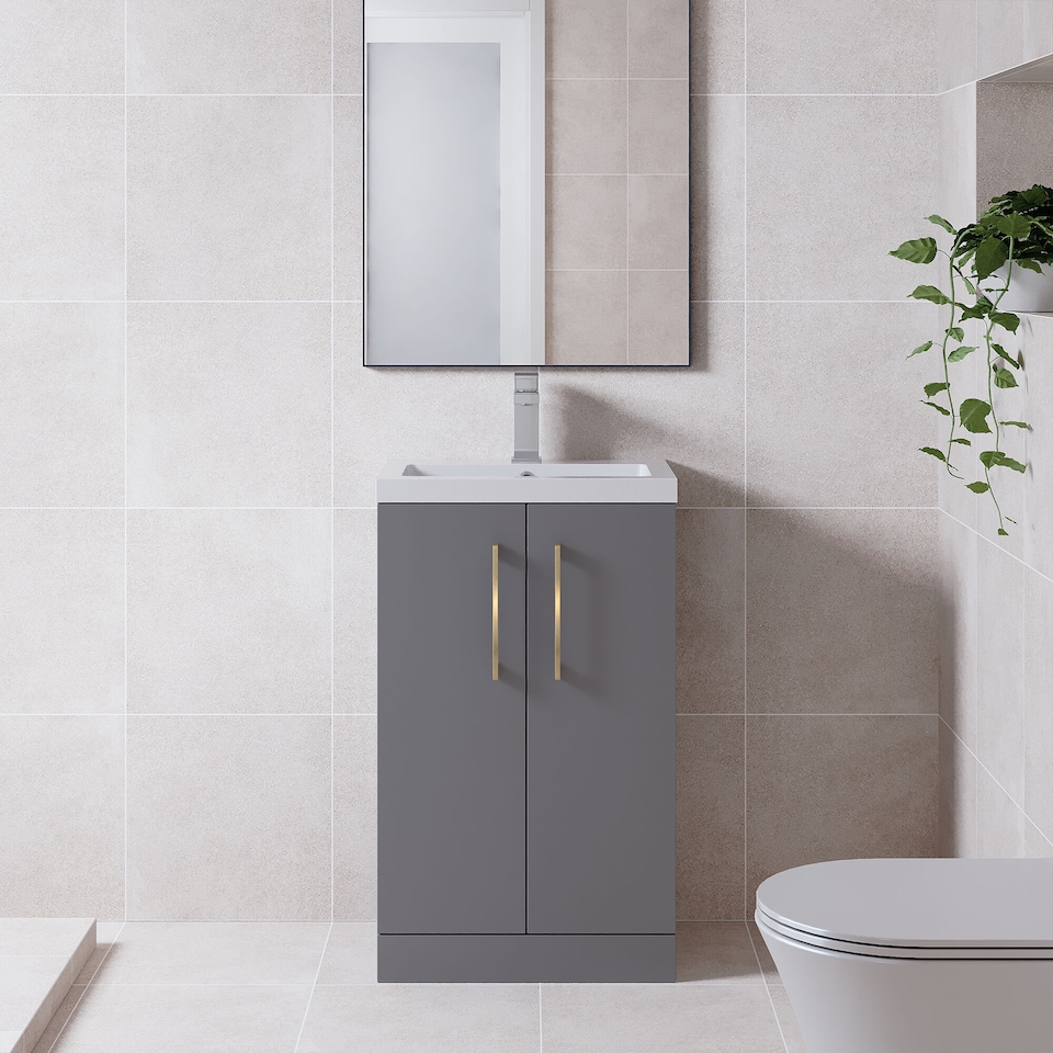 image 1 of Balterley Level Compact Bathroom Cloakroom Vanity Basin Unit with Ceramic Basin, Handles | Grey | Satin Grey | 840 x 510 x 360mm