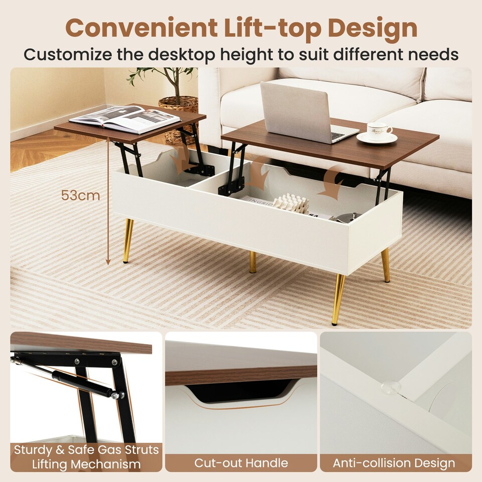 image 1 of COSTWAY Lift Top Coffee Table w/Storage Compartments Walnut White