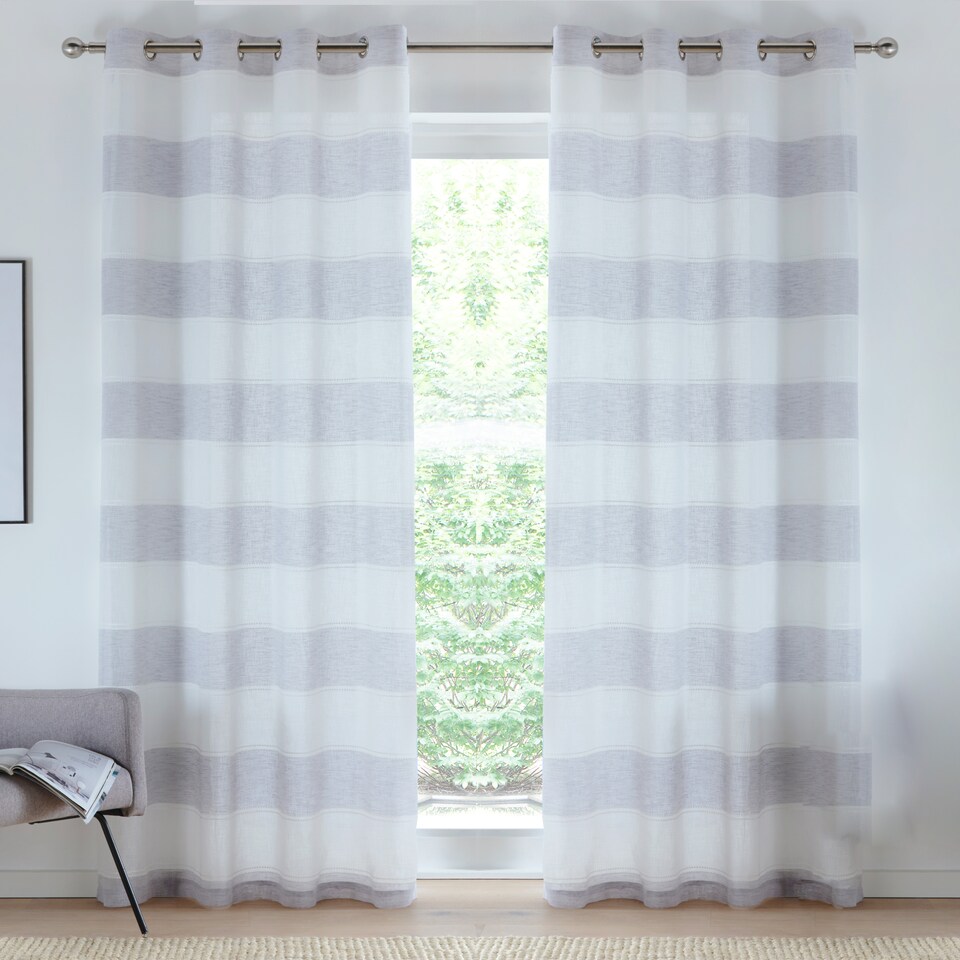 image 1 of Pair of Santorini Grey Linen Look Stripe Panels with Eyelet Header 229CM