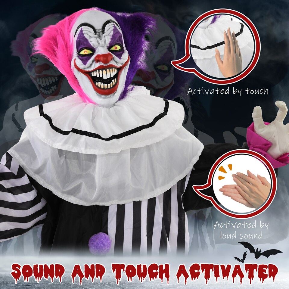 image 1 of HOMCOM 173cm 68 Laughing Clown Outdoor Halloween Decoration, Animated Halloween Prop with Light Up Eyes, Sound Effects, Sound Activated for Haunted House