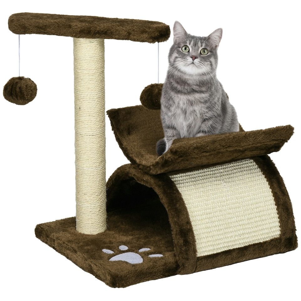 image 1 of PawHut Cat Tree Tower, Rotatable Top Bar, Sisal Post, Tunnel, Balls, Brown