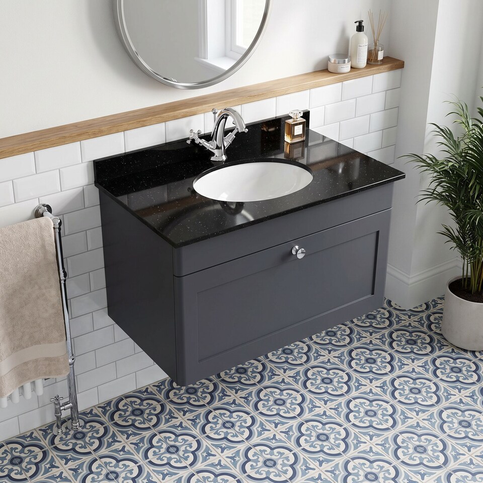 image 1 of Balterley Swynnerton Traditional 1 Drawer Wall Hung Vanity Unit with Marble Basin, Dark Grey, 800mm