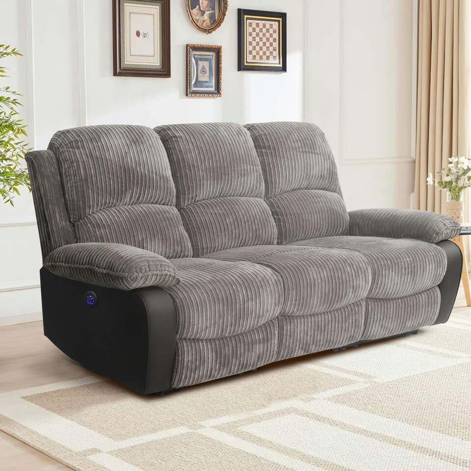 image 1 of Electric Recliner Fabric Cord 3 Seater Sofa In Grey