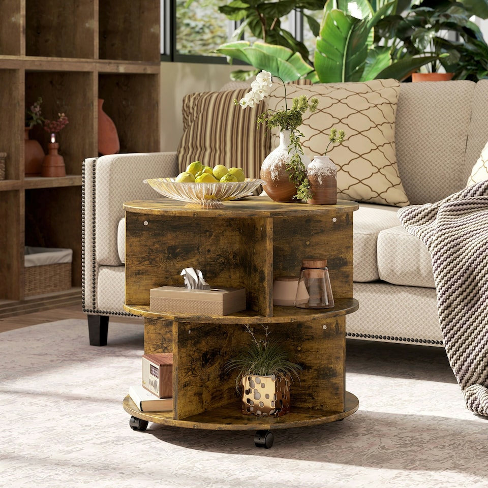 image 1 of 2 Tier Round Coffee Tea Table End Side Desk Sector Divider Shelves Storage Brown