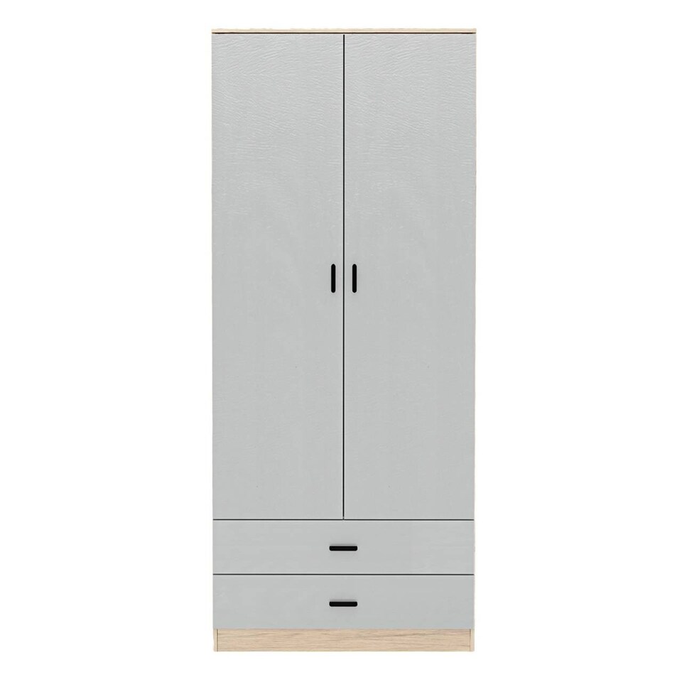 image 1 of 2-Door 2-Drawer Wardrobe with Storage Shelf, and Hanging Space - 180x75x46cm | Brown | Oak & Grey | 1
