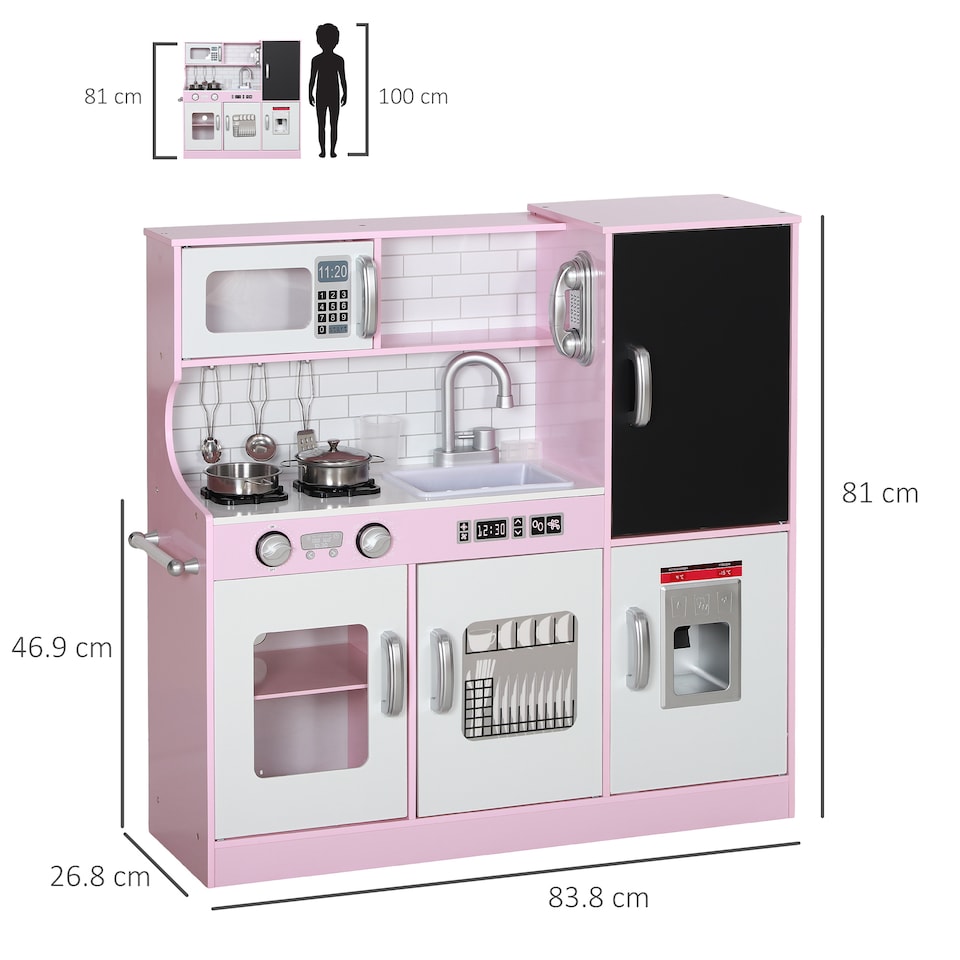image 1 of AIYAPLAY Play Kitchen, Kids Kitchen Playset Toy with Chalkboard, Toy Phone, Microwave, Ice Maker, Cooking Stoves, Sink, for Boys Girls Ages 3-8 Years, Pink | Pink | Pink