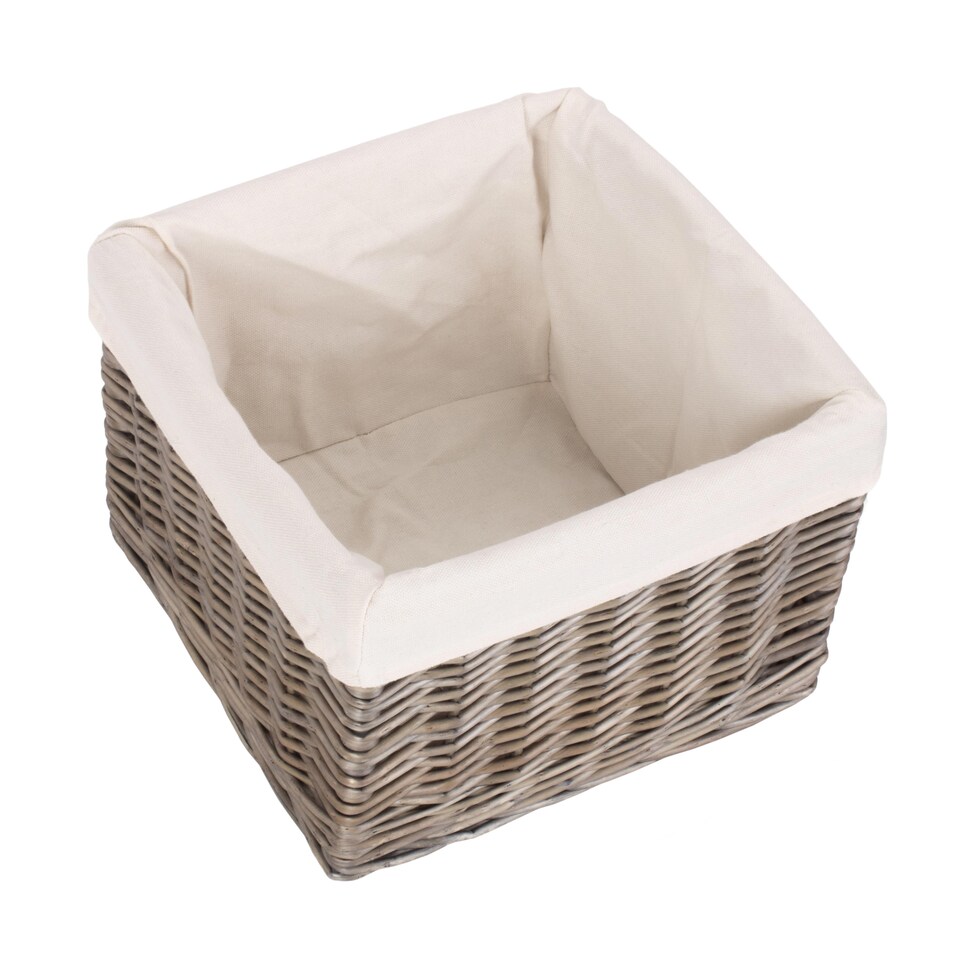 image 1 of Small Square Antique Wash Wicker Lined Storage Basket | White | White