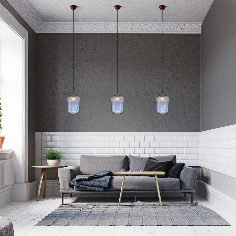 image 1 of Contemporary Chic Navy Midnight Blue Line Ribbed Glass Pendant Light Shade | Blue
