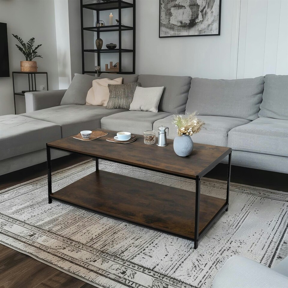 image 1 of Coffee Table Rustic Wooden Brown Grain Finish Living Room Storage Shelf 2 Tier Brown