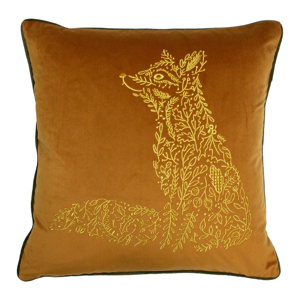 image 1 of Furn Forest Fauna Fox Velvet Piped Cushion, Rust/Gold, 50 x 50cm