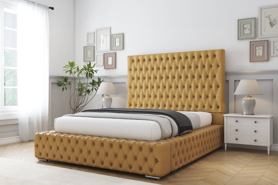 image 1 of Sloomy Ambassador Mustard Plush Bed Frame With Mattress With 50"  Upholstered Headboard 2'6 Small Single