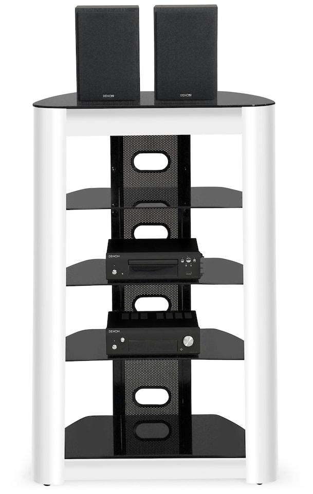 image 1 of Centurion Supports ZINNIA 5-Tier Black Glass Shelves with Gloss White Fascia Entertainment Media Audio Rack | White | Black | 1