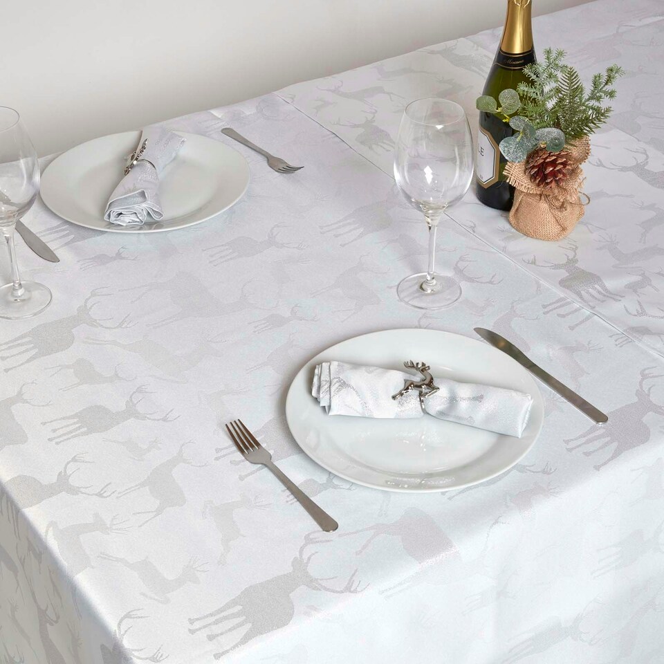 image 1 of Homescapes Silver Stag Christmas Table Cloth - 132 x 274 cm Silver