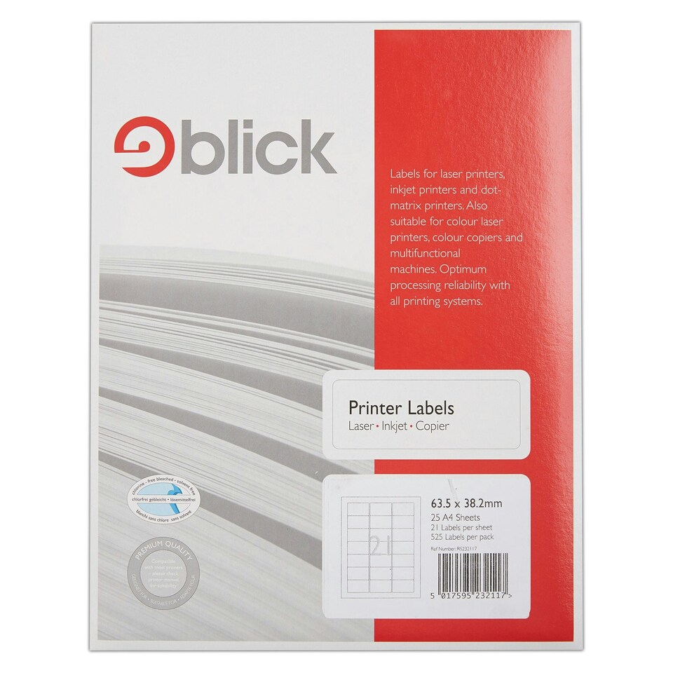 image 1 of Blick 21 Per Sheet 25 Sheets, 63.5mm x 38.2mm, Rectangular, White, 525 Labels