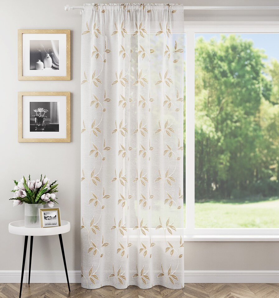 image 1 of Oasis Natural Embroidered Leaf Design Voile Panels - Pair 140 x 122cm (55x48")