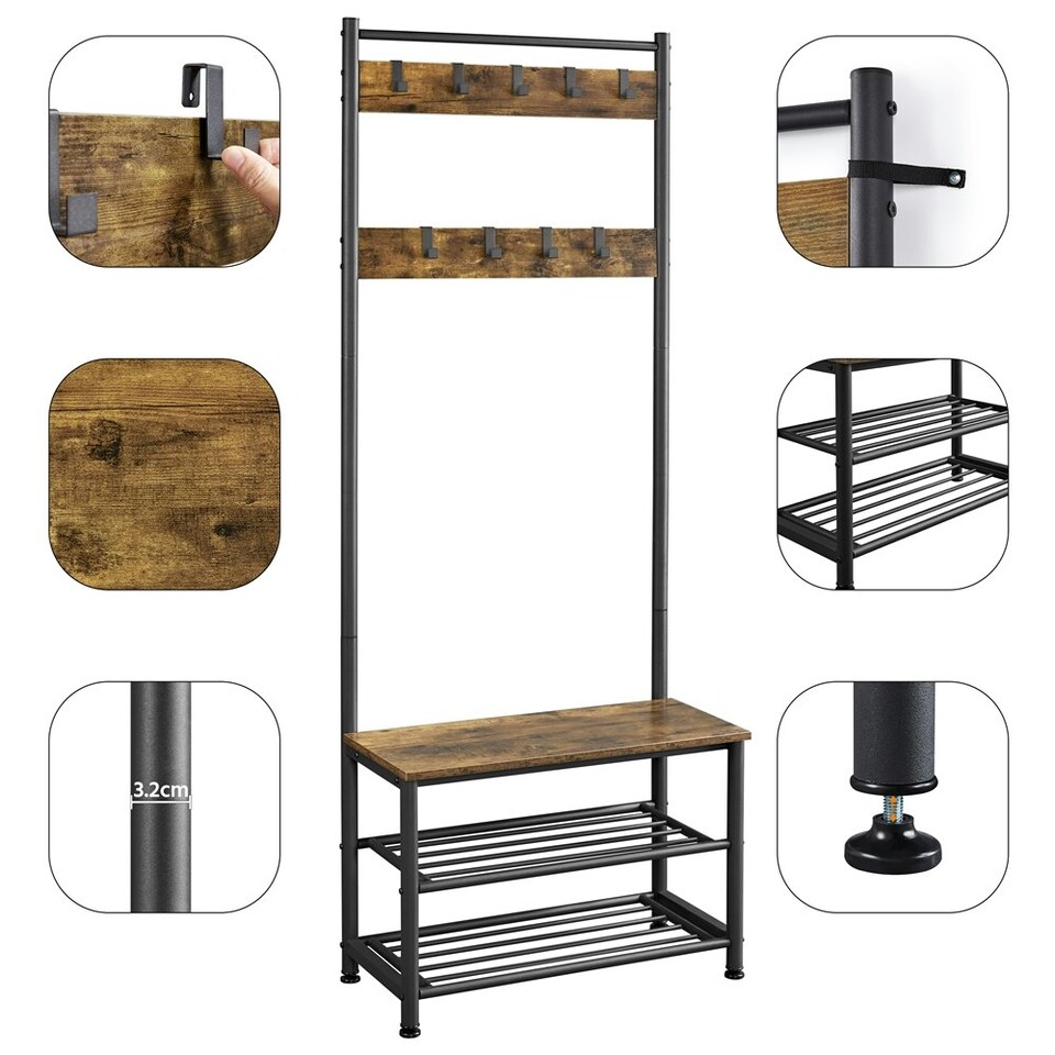 image 1 of Yaheetech Metal Hall Tree with Shoe Storage Bench | Cream | Rustic Brown | One Size
