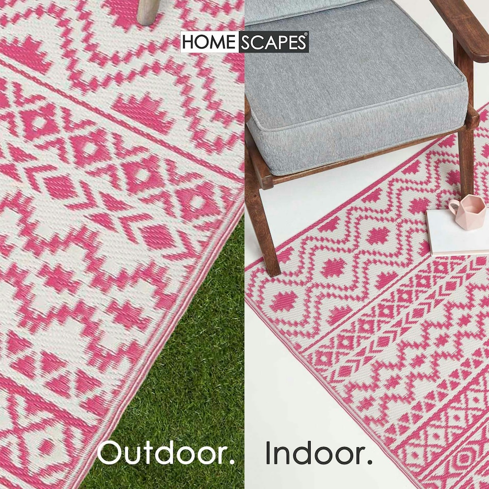 image 1 of Homescapes Outdoor Rug Luxury Waterproof Reversible Recycled, For Garden, Tia Aztec | Pink | Pink and White
