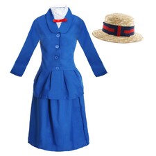 Magical Nanny Costume - with Boater Hat | Blue | XS