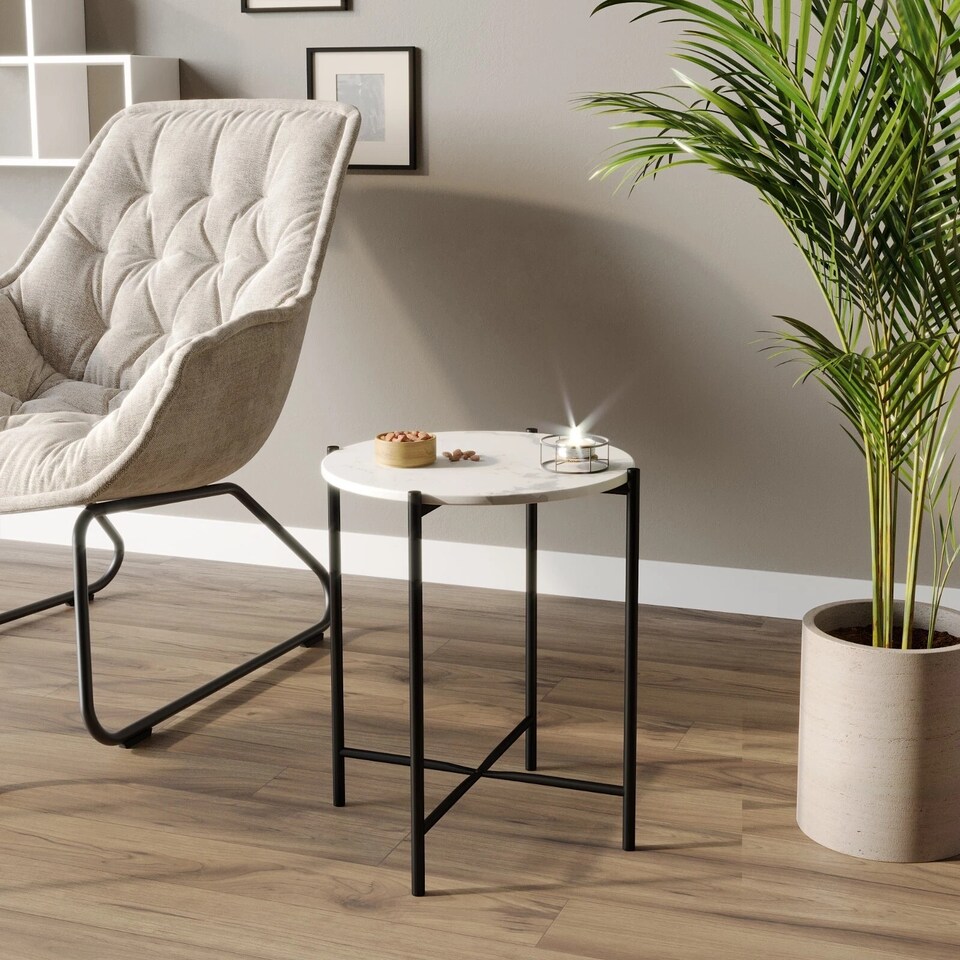 image 1 of Set of 2 Pcs Marble Effect Tops Square Round Side End Coffee Table Metal Frame | White | White Round | 1