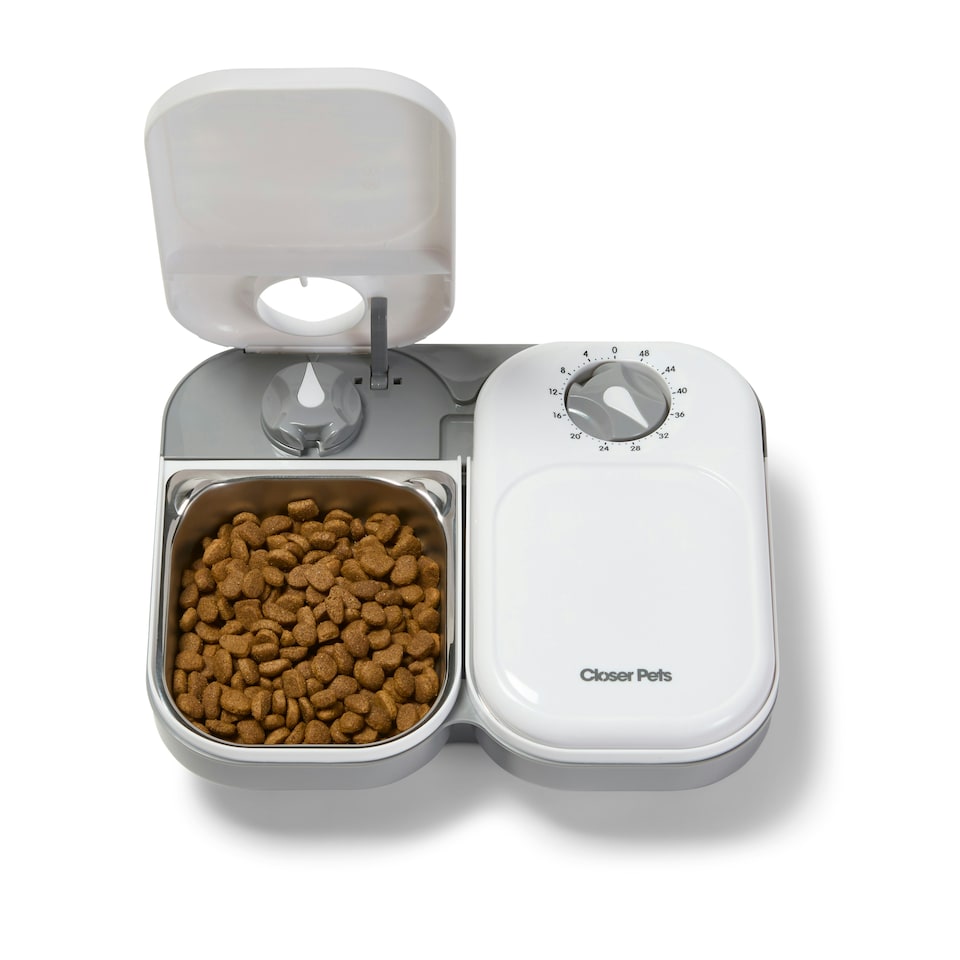 image 1 of Closer Pets Two-Meal Automatic Dry/Wet Food Pet Feeder with Stainless Steel Bowl Inserts (C200) White