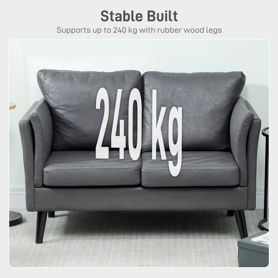 image 1 of HOMCOM 2 Seater Sofa, Modern Small Sofa with Thicken Cushion, High-Resilience Foam, Rubber Wood Legs, Leathaire Upholstered Loveseat Settee for Living Room, Bedroom, Home Office, Grey | Grey | Two Seater