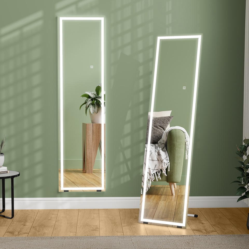 image 1 of HOMCOM Full Length Mirror with LED Lights, 15040cm Floor Mirror, Free Standing, Wall Mounted or Leaning, Full Size Body Mirror with Dimmable and 3 Colour Lighting for Bedroom, 33W, White