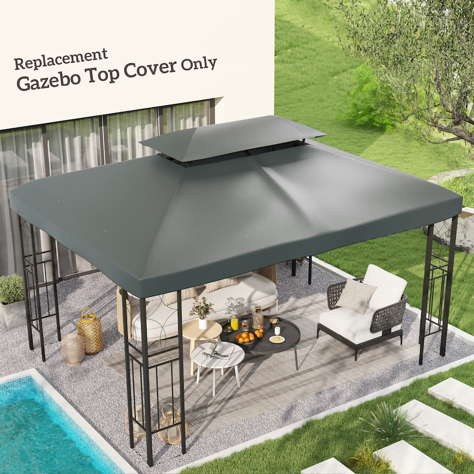 image 1 of Outsunny 3x4m Gazebo Canopy Replacement Cover, 2 Tier Top Roof UV Cover Garden Patio Outdoor Sun Awning Shelters, Dark Grey TOP COVER ONLY