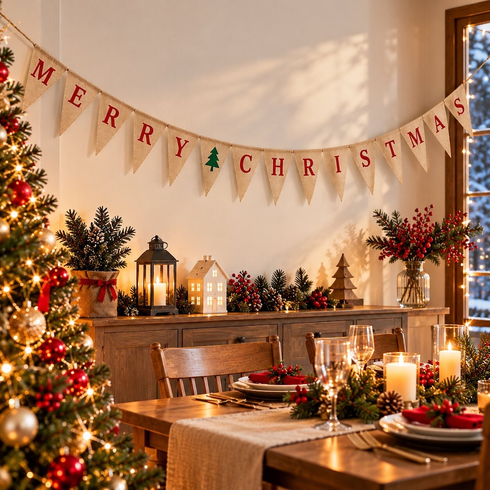 image 1 of Merry Christmas With Tree Pennant Hessian Christmas Party Bunting