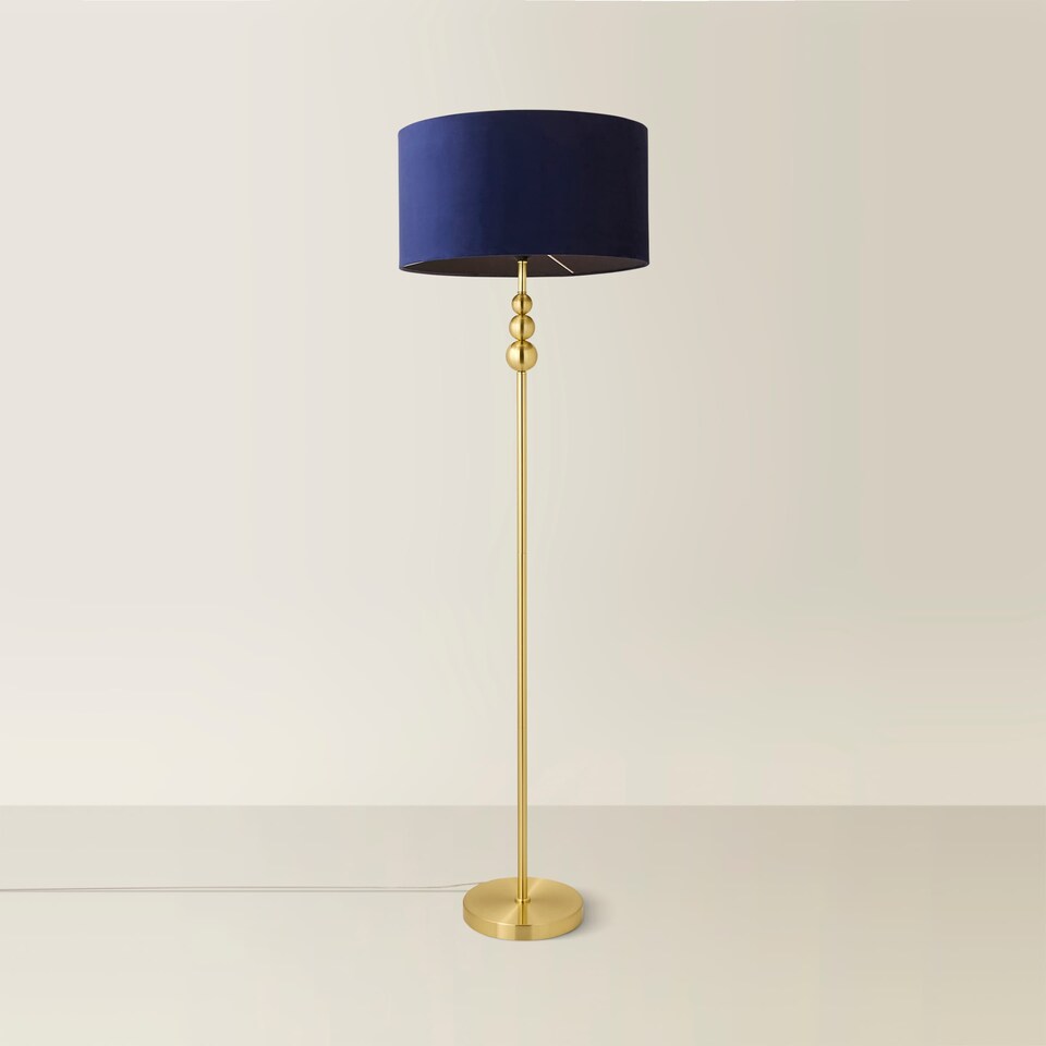 image 1 of ValueLights Marissa Navy Blue Velvet Shade with Brushed Gold Stacked Ball Floor Lamp | Blue