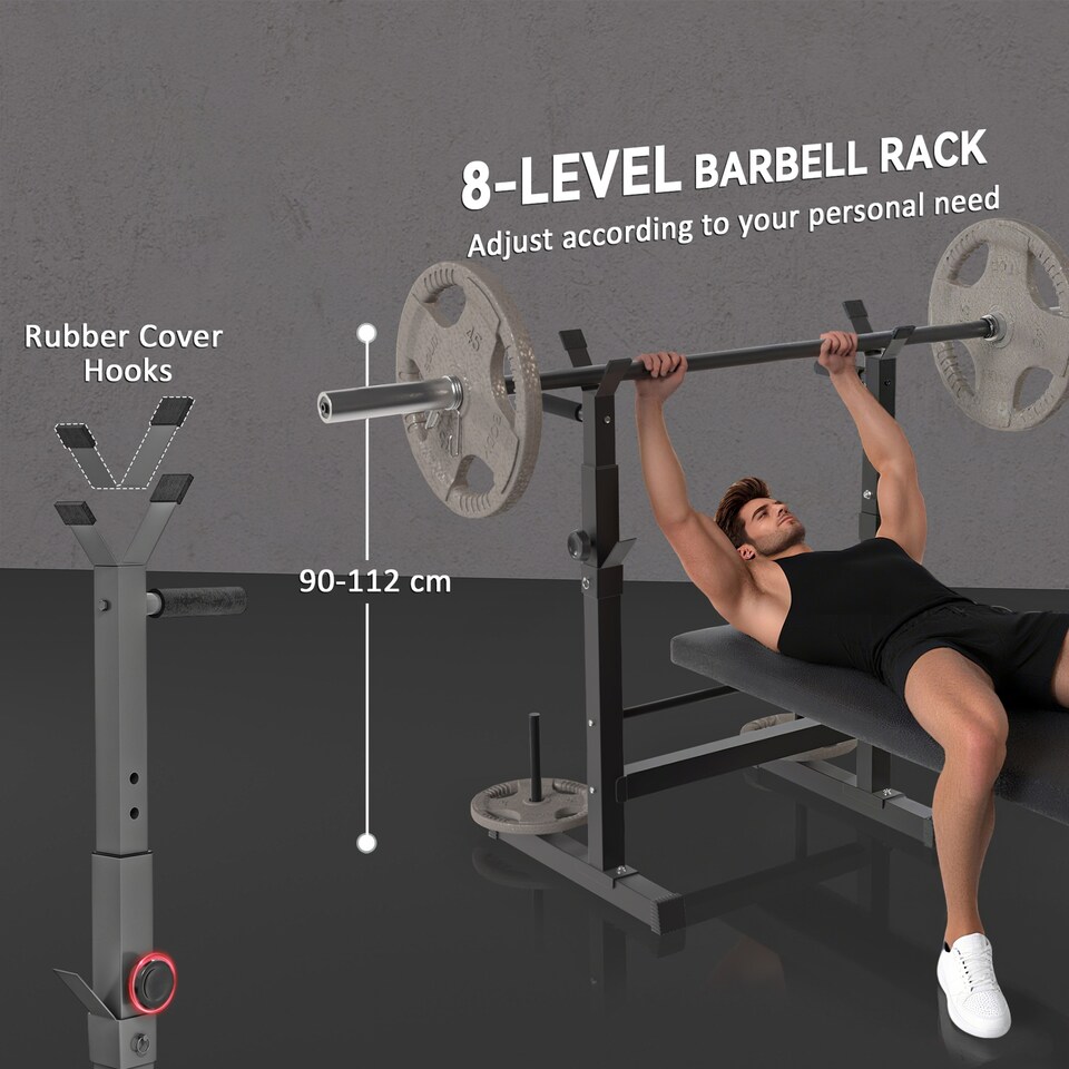 image 1 of HOMCOM Adjustable Weight Bench with Barbell Rack, Dip Station, Grey