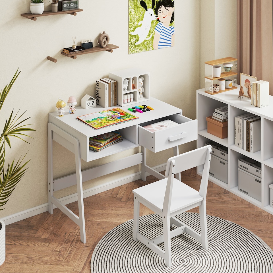 image 1 of COSTWAY Kids Desk and Chair Set with Drawer White
