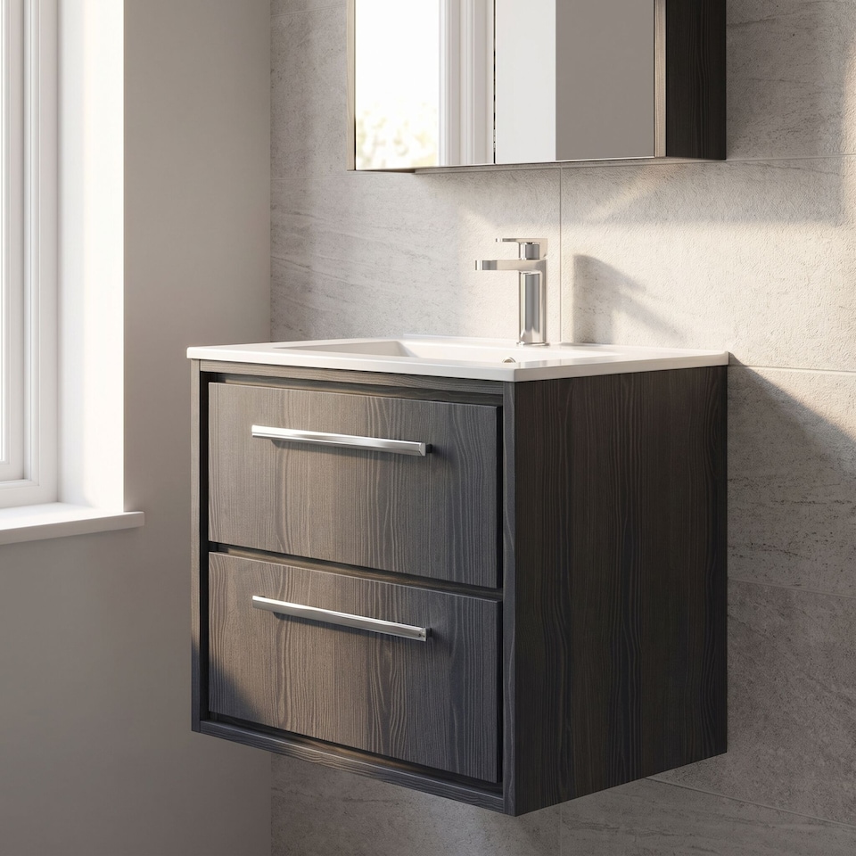 image 1 of Balterley Longnor 2 Drawer Wall Hung Vanity Unit with 1 Tap Hole Minimalist Basin, Woodgrain Graphite Grey, 600mm
