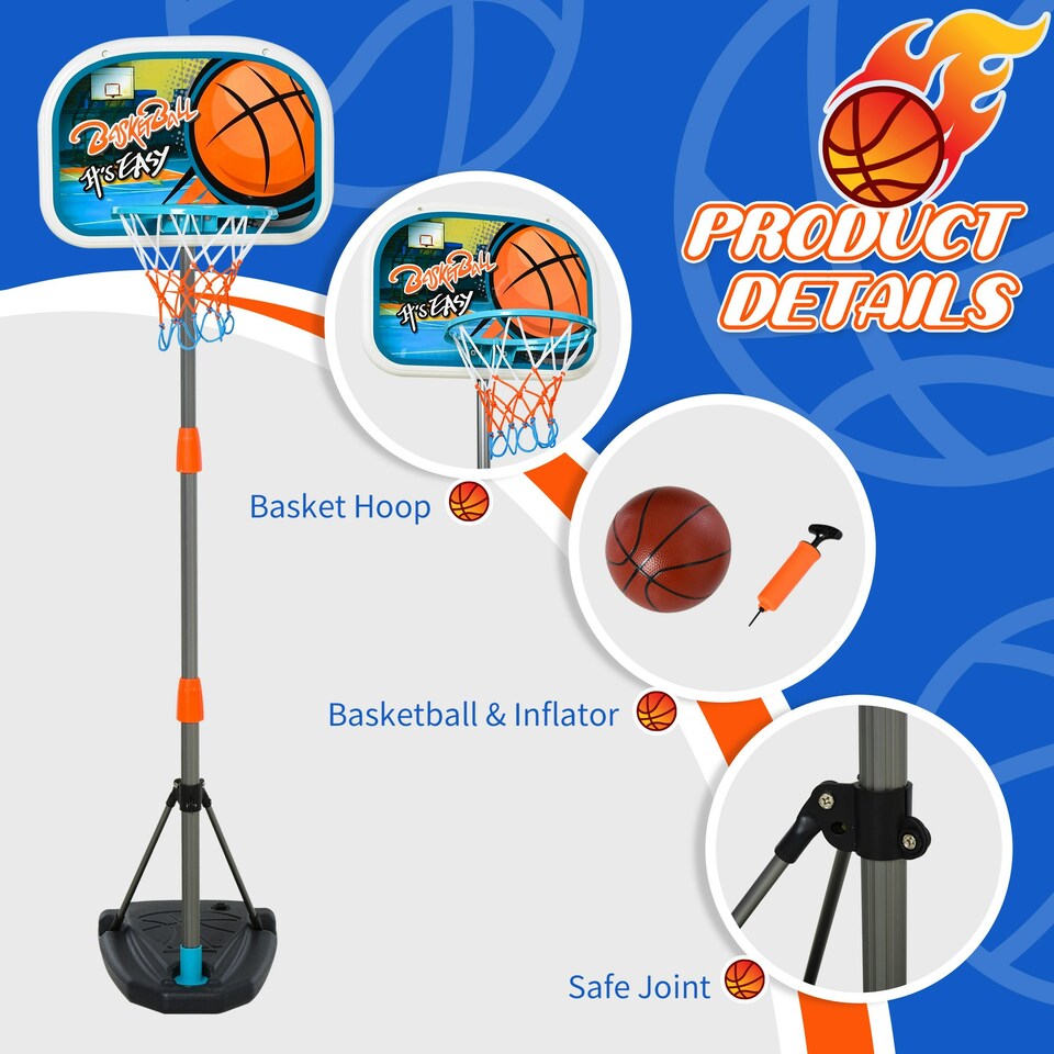image 1 of HOMCOM 3 Pcs Kids Basketball Set w/ Hoop Ball Pump Height Fillable Base 3-8 Yrs